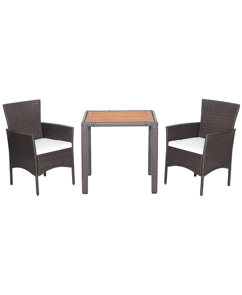 Sugift 3 Pieces Patio Wicker Furniture Set wih Acacia Wood Table Top and Chair Cushiones