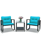 Sugift 3 Pieces Cushioned Patio Rattan Set with Rocking Chair and Table