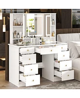 Homsee White Makeup Vanity Desk 9 Drawers Wood Dressing Table With 3 Mirrors, Glass Top, Hidden Storage Shelves, Led Lighted