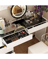 Famapy White Makeup Vanity Sets Wood Dressing Desk With 5-Drawers, See-Through Glass Top, Round Led Dimmable Mirror and Stool