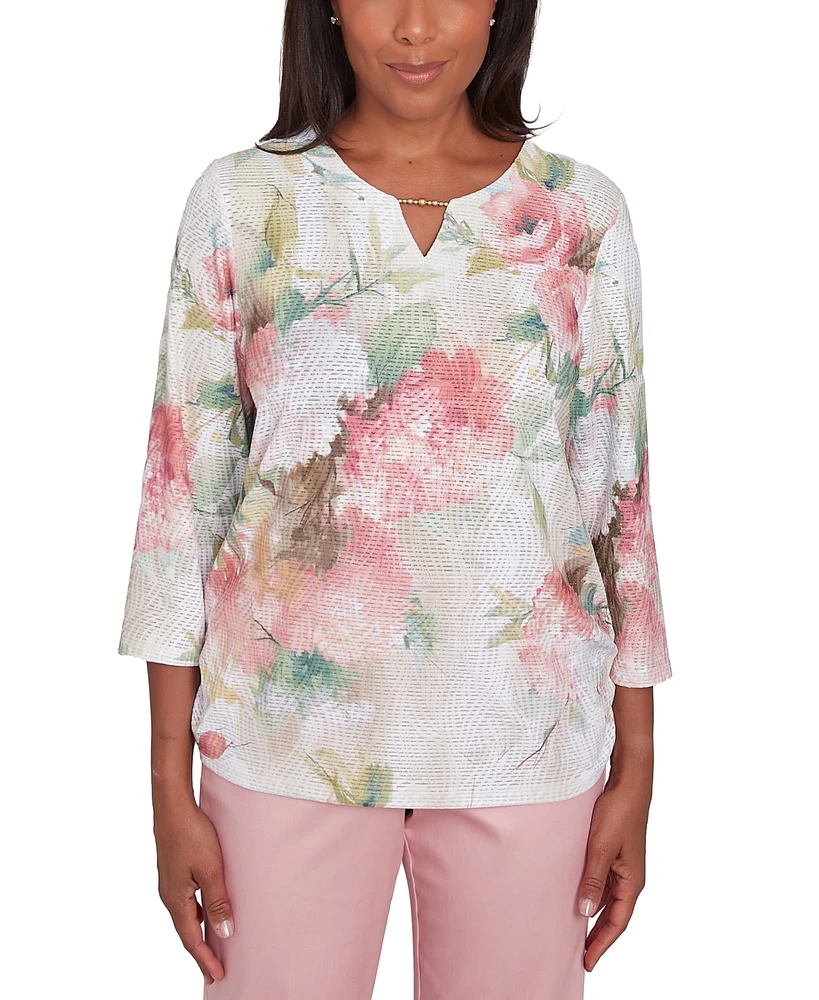 Alfred Dunner Petite Coming Up Roses Beaded Split-Neck Top