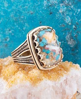 Barse Cocktail Genuine Turquoise Spiny Oyster Matrix Bronze Rectangle Ring