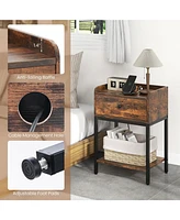Gymax Nightstand Side End Table w/ Charging Station Drawer Open Shelf for Small Space
