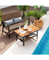 Sugift 2 Pieces Patio Rattan Coffee Table Set with Shelf and Quick Dry Cushion