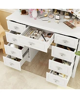 Homsee White Makeup Vanity Table Dressing Desk 3-Mirrors,Led Lighted, 9-Drawers, Hidden Storage Shelves, Carved Metal Handles