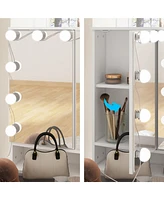 Famapy White Makeup Vanity Desk 9 Drawers Wood Dressing Table With 3 Led Bulb Light Mirrors, Glass Top, Hidden Storage Shelves