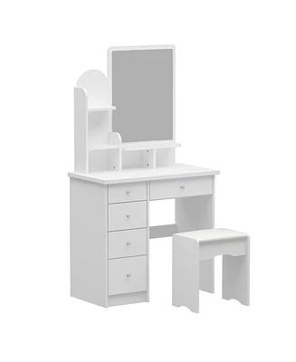 Famapy 5-Drawers White Makeup Vanity Table Wooden Dressing Desk With Mirror and 3-Tier Storage Shelves