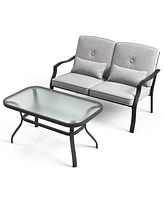 Sugift Outdoor Loveseat Chair Set with Tempered Glass Coffee Table