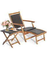 Inolait 2 Pieces Patio Rattan Folding Lounge Chair with Acacia Wood Table