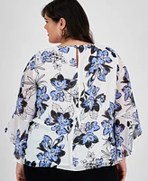 Kasper Plus Floral Ruffle-Sleeve Blouse