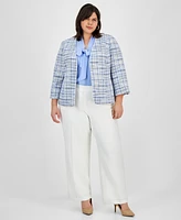 Kasper Plus Tweed Piping-Trim Open-Front Blazer