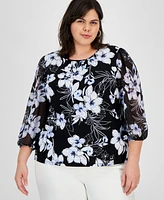 Kasper Plus Floral Blouson-Sleeve Blouse