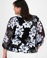 Kasper Plus Floral Blouson-Sleeve Blouse