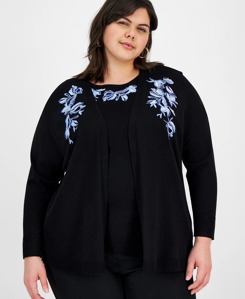 Kasper Plus Embroidered Open-Front Cardigan