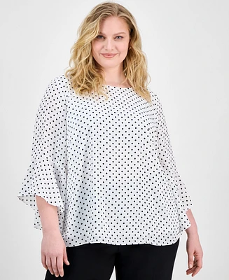 Kasper Plus Polka-Dot Ruffle-Sleeve Blouse