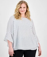 Kasper Plus Polka-Dot Ruffle-Sleeve Blouse