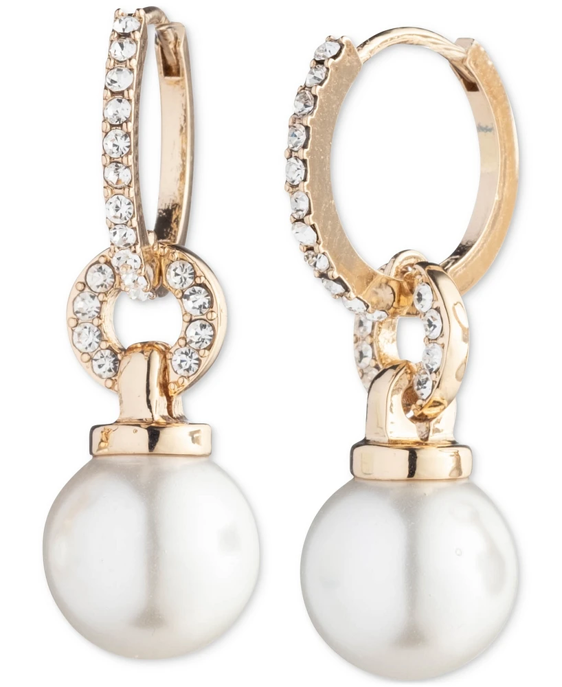 Lauren Ralph Lauren Gold-Tone Imitation Pearl & Pave Dangle Huggie Hoop Earrings