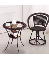 Sugift Round Rattan Wicker Coffee Table with Lower Shelf