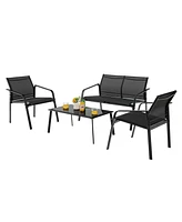 Sugift 4 Pieces Patio Furniture Set with Armrest Loveseat Sofas and Glass Table Deck