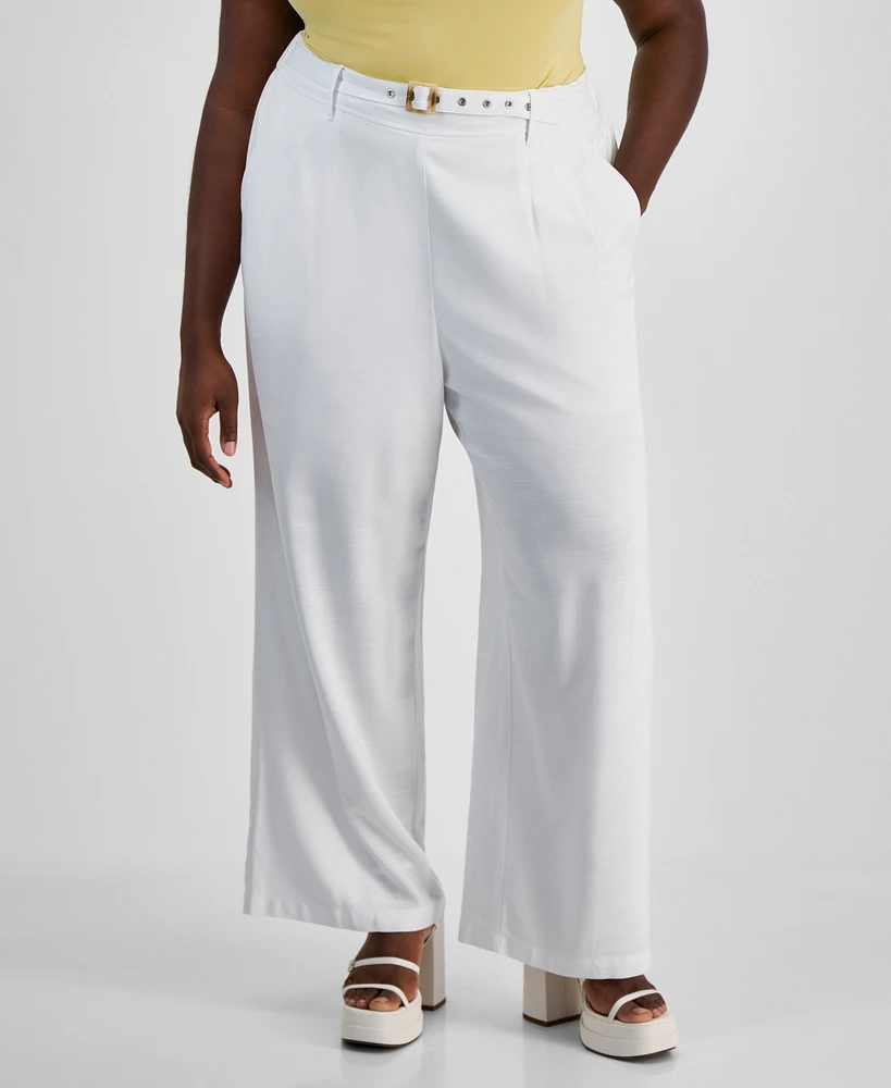 Bar Iii Trendy Plus Grommet-Belt Wide-Leg Pants