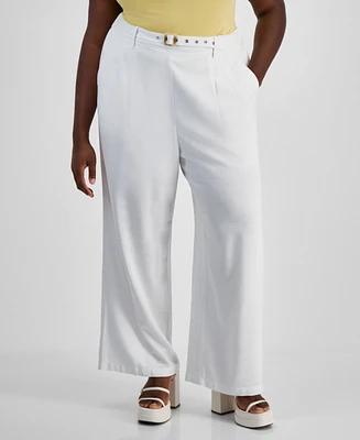 Bar Iii Trendy Plus Grommet-Belt Wide-Leg Pants, Created for Macy's