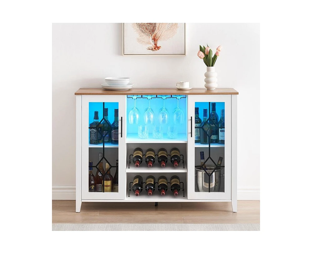 Garmin Wine Bar Cabinet with Led Light, Home Coffee Cabinet with Wine and Glass Rack, Kitchen Buffet Sideboard with Storage Cabinet&Drawers, Modern Li