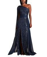 Tadashi Shoji Women's Ada Beaded One Shoulder Cape Sleeve Gown