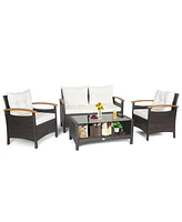 Sugift 4 Pieces Patio Rattan Furniture Set with Cushioned Sofa and Storage Table
