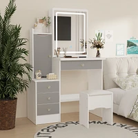 Homsee Grey Wood Silding Led Mirror Makeup Vanity Sets Dresser Table With Storage Shelves, 4-Drawers and Stool