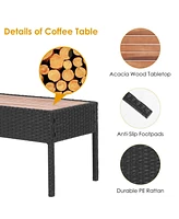 Sugift 4 Pieces Patio Rattan Cushioned Furniture Set with Wooden Tabletop