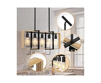 gaomon Kitchen Island Light Fixture Over Table, Farmhouse Chandeliers for Dining Room, 5-Light Adjustable Dining Room Light Fixtures, Rattan+Metal Pen