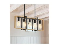 gaomon Kitchen Island Light Fixture Over Table, Farmhouse Chandeliers for Dining Room, 5-Light Adjustable Dining Room Light Fixtures, Rattan+Metal Pen