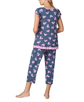 Ellen Tracy Women's Cropped Flutter-Sleeve Floral Pajama Set