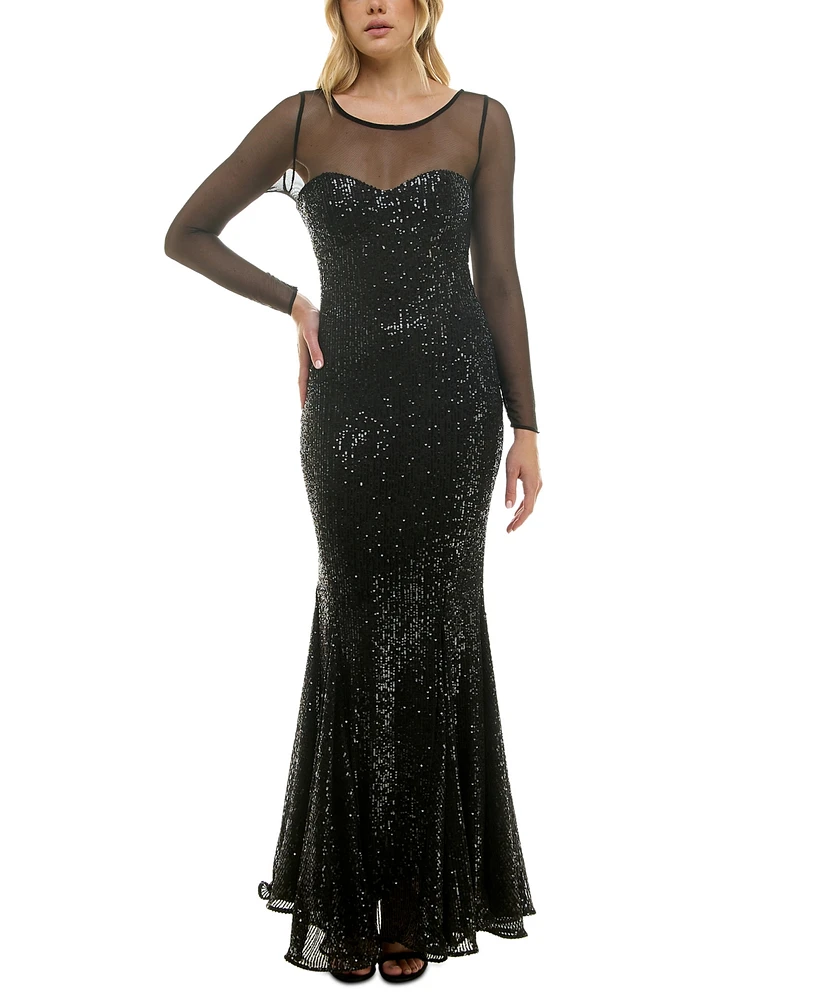 Taylor Women's Illusion-Trim Sequined Bodycon Gown