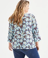 Style & Co Plus Printed Smocked-Trim 3/4-Sleeve Top