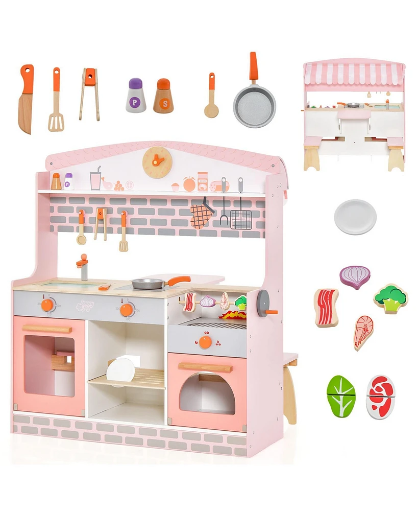 Gouun Double-Sided Kids Play Kitchen Set with Canopy and 2 Seats