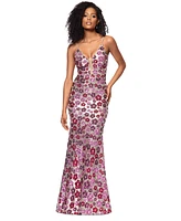 Betsy & Adam Petite Floral-Sequin Mermaid Gown