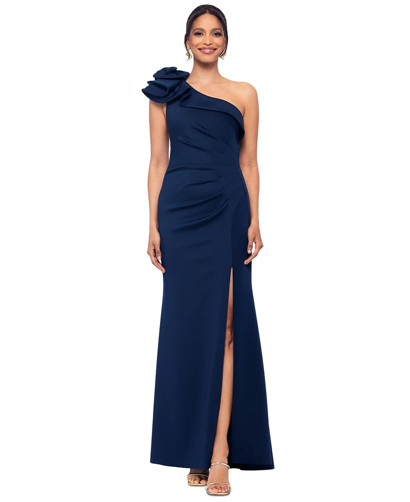 Xscape Women's Flower-Trim One-Shoulder Side-Slit Gown