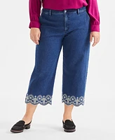 Style & Co Plus Embroidered-Hem Wide-Leg Cropped Jeans, Exclusively at Macy's