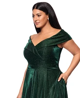 Xscape Plus Off-the-Shoulder Glitter Gown