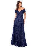 Xscape Women's 3D Floral Embroidered Off-The-Shoulder Gown