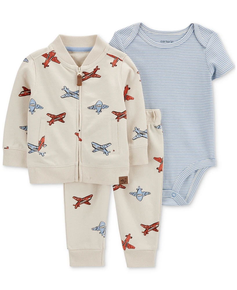 Carter's Baby Boys Cotton Airplane Cardigan, Bodysuit & Pants