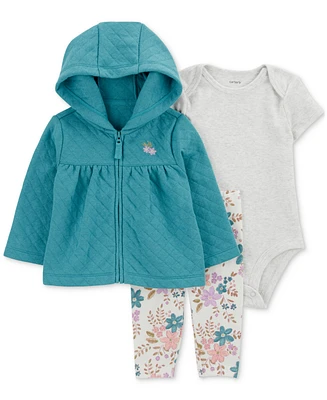 Carter's Baby Girls Quilted Cardigan, Bodysuit & Floral Pants