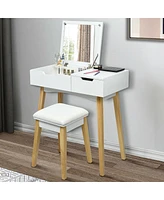 Sugift Wooden Vanity Table with Flip Top Mirror and Cushioned Stool