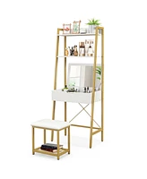 Sugift Ladder Vanity Desk Set with Flip Top Mirror and Cushioned Stool