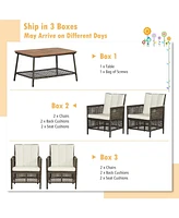 5 Pieces Patio Rattan Furniture Set Cushioned Sofa Armrest with Wooden Tabletop