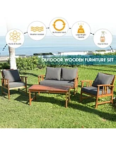 Sugift 4 Pieces Wooden Patio Sofa Chair Set with Cushion