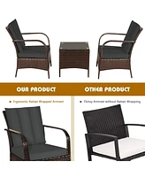 Sugift 3 Pieces Patio Rattan Conversation Set with Glass Top Coffee Table and Cushions
