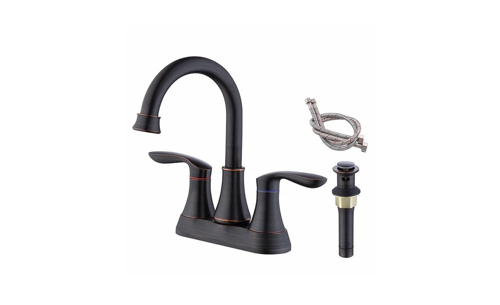 Slickblue 2-Handle 4-Inch Oil Rubbed Bronze Bathroom Faucet for Vanity Sinks, Includes Pop-Up Drain and Supply Hoses