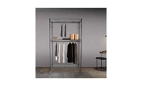 Slickblue 2Tier Rod Closet Organizer Garment Rack Clothes Storage Hanger Shelf Hooks Black